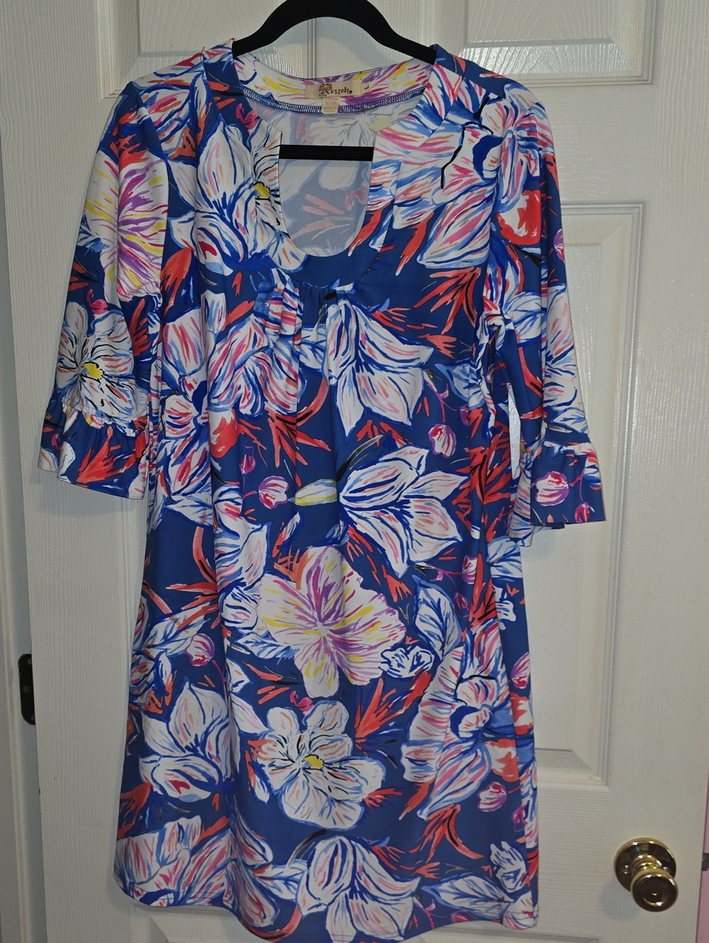 Floral‎ Blue Shift Dress with Pink & White Blooms